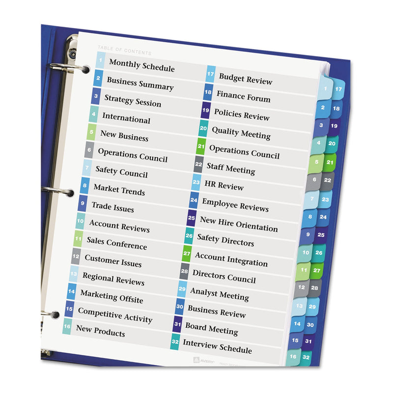 Avery Customizable TOC Ready Index Double Column Multicolor Tab Dividers, 32-Tab, 1 to 32, 11 x 8.5, White, 1 Set