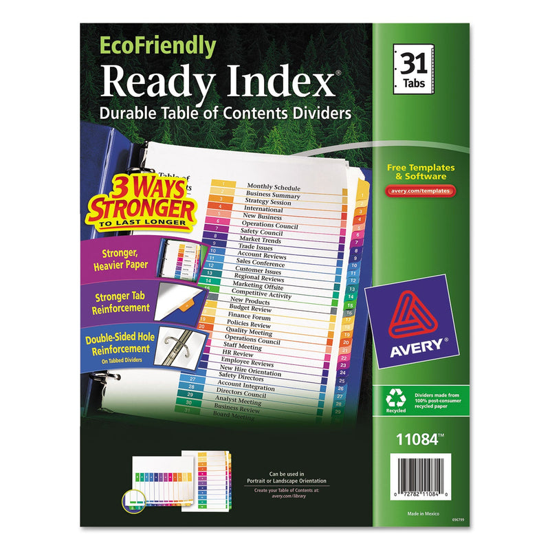 Avery Customizable Table of Contents Ready Index Dividers with Multicolor Tabs, 31-Tab, 1 to 31, 11 x 8.5, White, 1 Set
