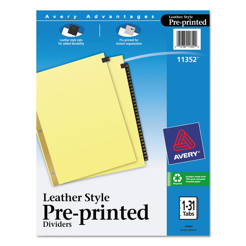 Avery Preprinted Black Leather Tab Dividers w/Gold Reinforced Edge, 31-Tab, 1 to 31, 11 x 8.5, Buff, 1 Set