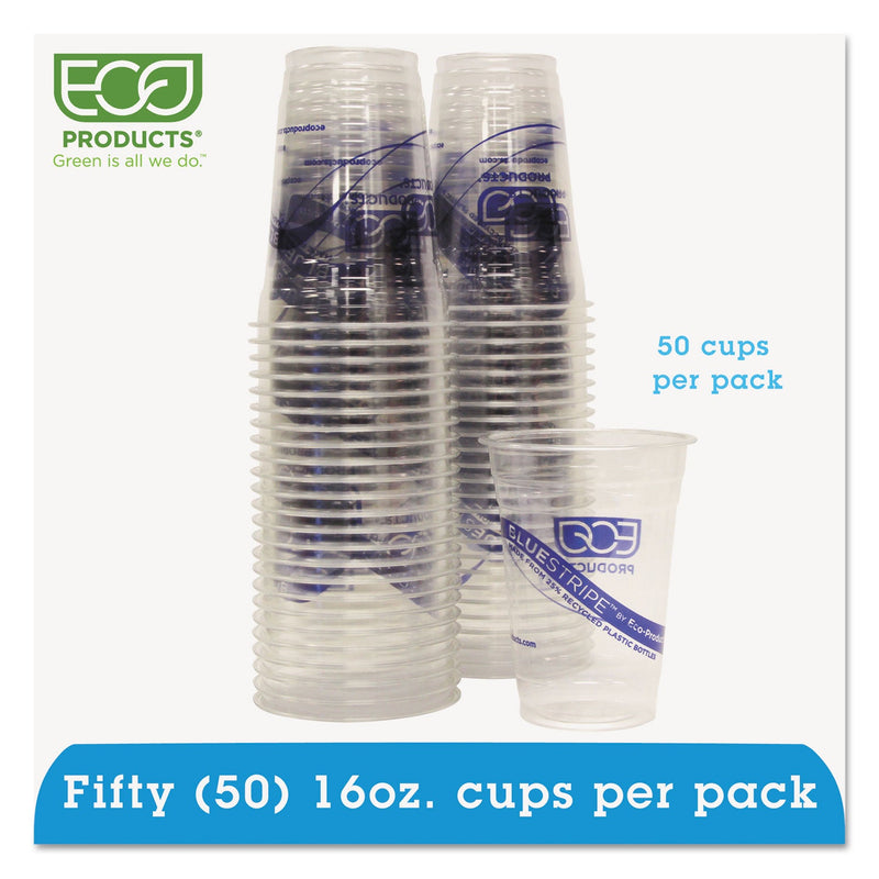 Eco-Products BlueStripe 25% Recycled Content Cold Cups Convenience Pack, 16 oz, Clear/Blue, 50/Pack
