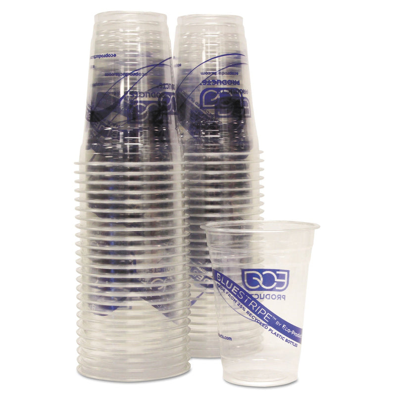 Eco-Products BlueStripe 25% Recycled Content Cold Cups Convenience Pack, 16 oz, Clear/Blue, 50/Pack