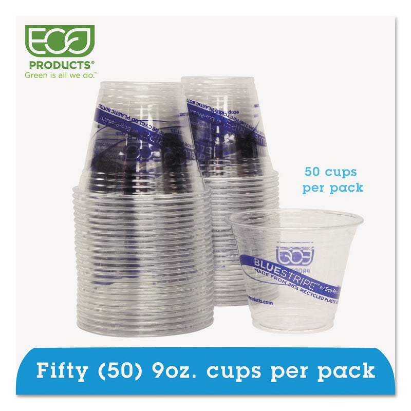 Eco-Products BlueStripe 25% Recycled Content Cold Cups Convenience Pack, 9 oz, Clear/Blue, 50/Pack