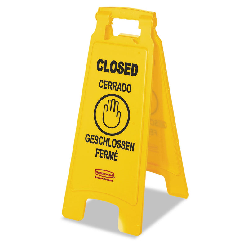 Rubbermaid Multilingual "Closed" Sign, 2-Sided, 11 x 12 x 25, Yellow