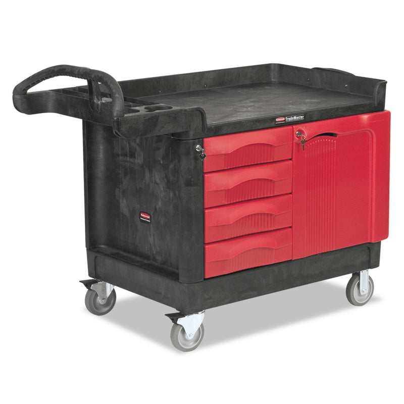Rubbermaid TradeMaster Cart with One Door, Plastic, 3 Shelves, 4 Drawers, 750 lb Capacity, 26.25" x 49" x 38", Black