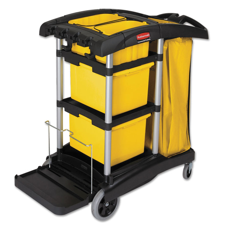 Rubbermaid HYGEN Microfiber Healthcare Cleaning Cart, Plastic, 3 Shelves, 5 Bins, 22" x 48.25" x 44", Yellow/Black/Silver