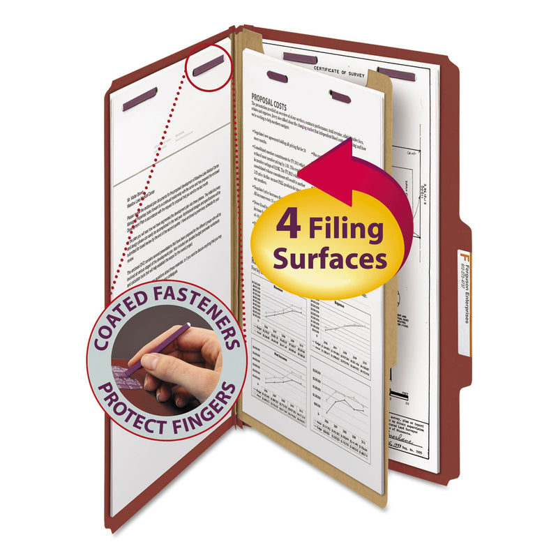 Smead Pressboard Classification Folders with SafeSHIELD Coated Fasteners, 2/5 Cut, 1 Divider, Legal Size, Red, 10/Box
