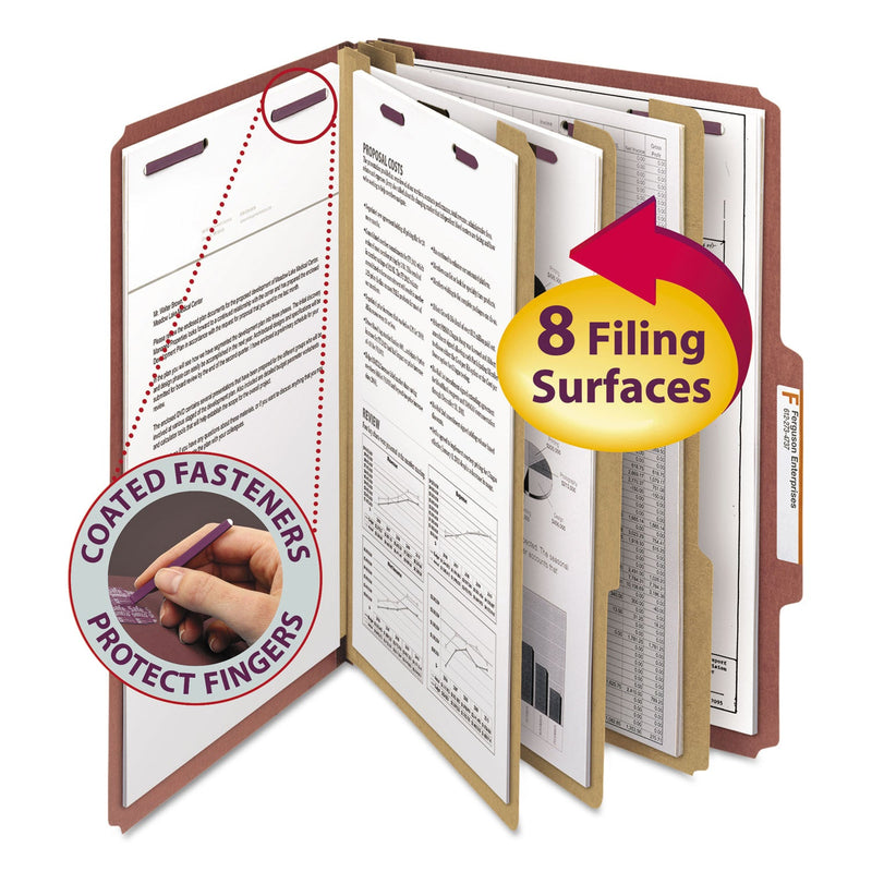 Smead Pressboard Classification Folders with SafeSHIELD Coated Fasteners, 2/5 Cut, 3 Dividers, Legal Size, Red, 10/Box