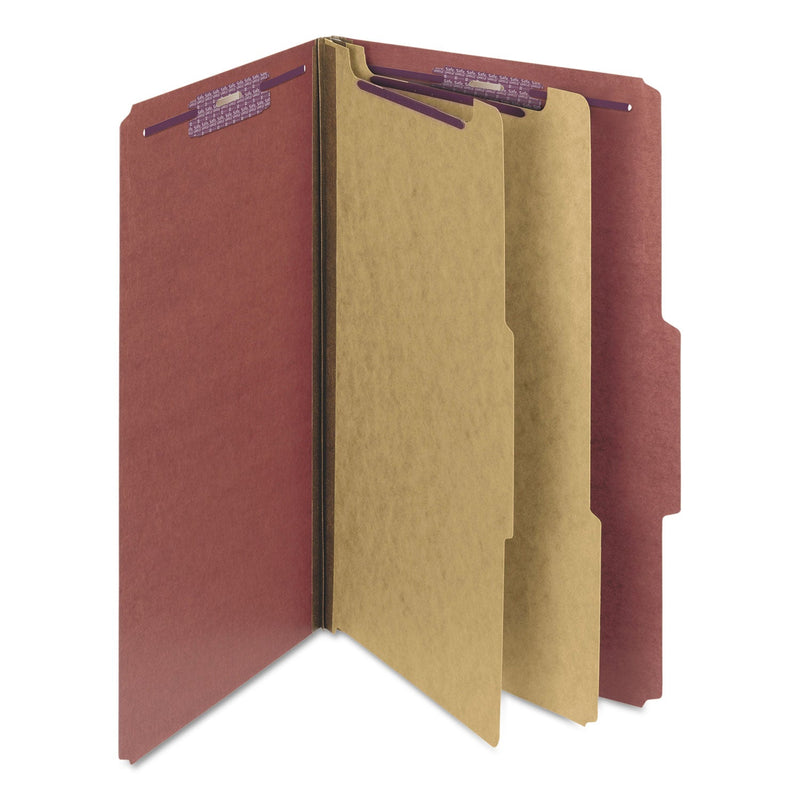 Smead Pressboard Classification Folders with SafeSHIELD Coated Fasteners, 2/5 Cut, 2 Dividers, Legal Size, Red, 10/Box