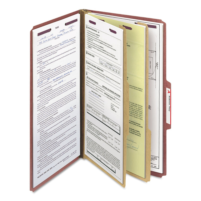 Smead Pressboard Classification Folders with SafeSHIELD Coated Fasteners, 2/5 Cut, 2 Dividers, Legal Size, Red, 10/Box