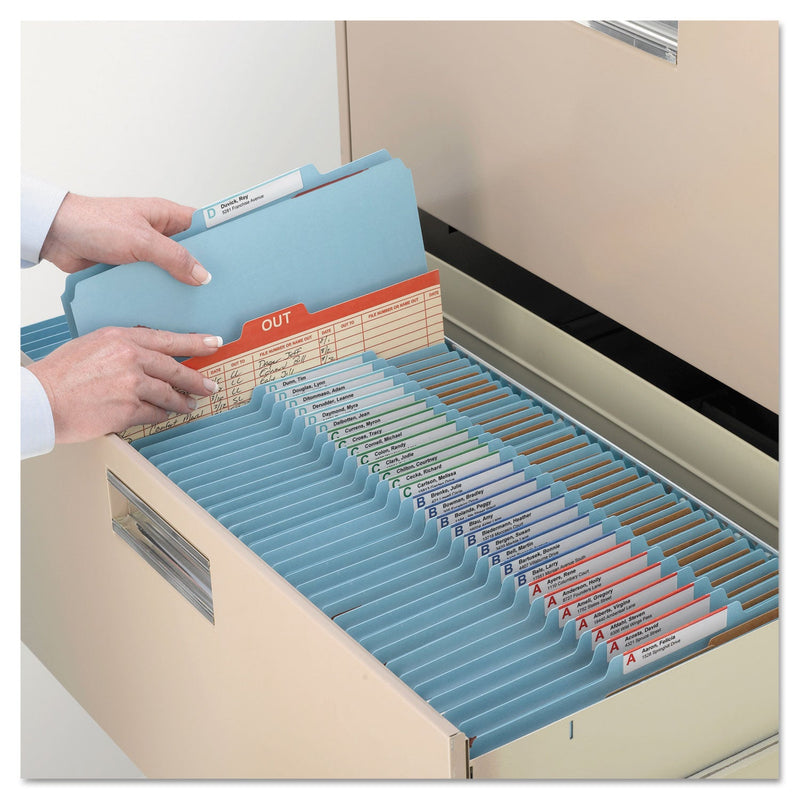 Smead Four-Section Pressboard Top Tab Classification Folders with SafeSHIELD Fasteners, 1 Divider, Legal Size, Blue, 10/Box
