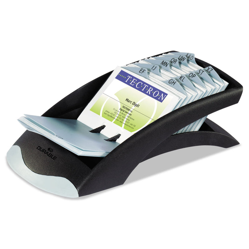 Durable VISIFIX Desk Business Card File, Holds 200 2.88 x 4.13 Cards, 5 x 9.31 x 3.56, Plastic, Graphite/Black