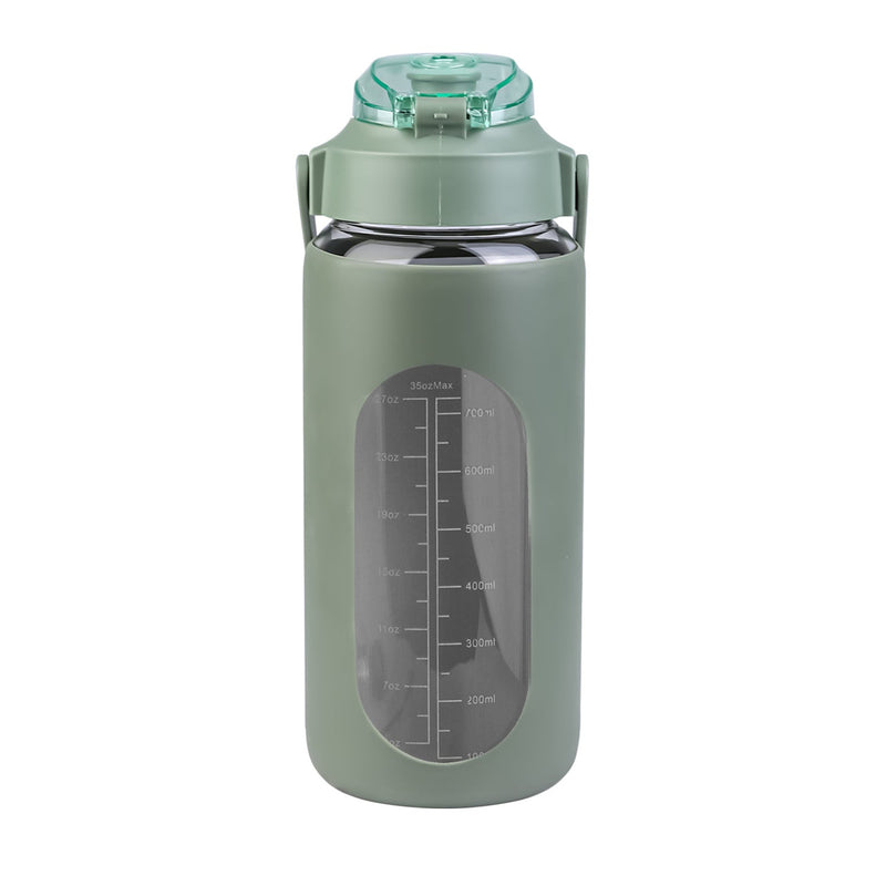 34Oz Glass Water Bottle Sports Water Bottle Motivational Water Bottle Water Intake Tracker Bottle with Straw Time Marker Silicone Sleeve Handle for Gy