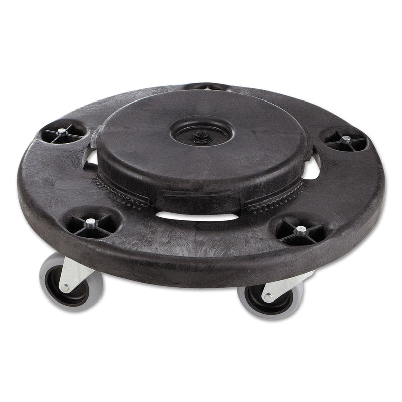 Rubbermaid Brute Round Twist On/Off Dolly, 250 lb Capacity, 18" dia x 6.63"h, Fits 20 to 55 Gallon BRUTE Containers, Black