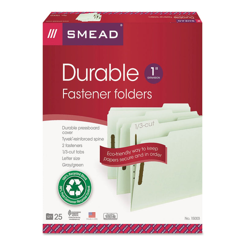 Smead 100% Recycled Pressboard Fastener Folders, Letter Size, 1" Expansion, Gray-Green, 25/Box
