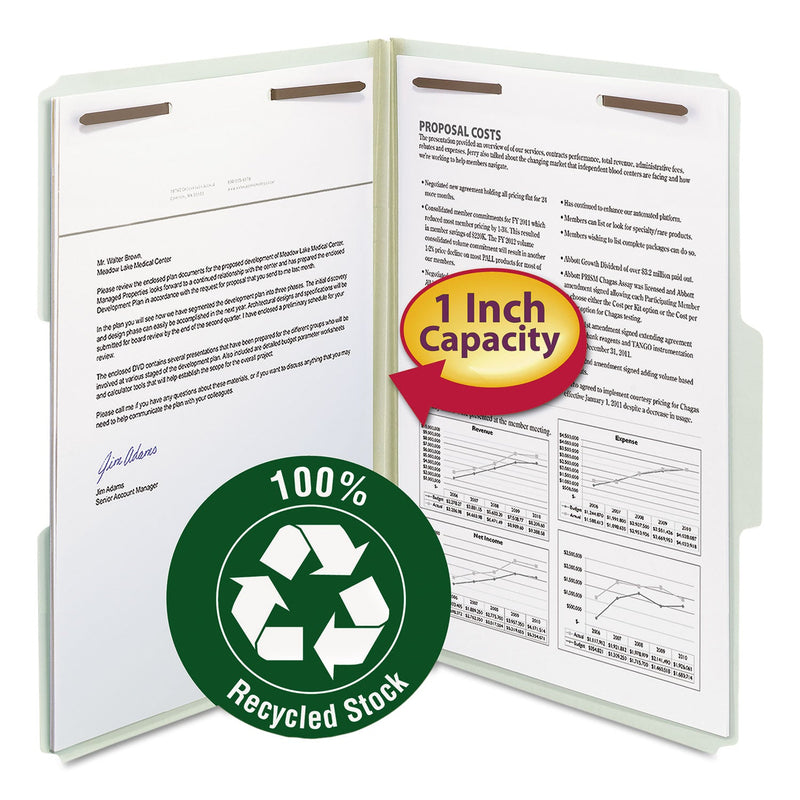 Smead 100% Recycled Pressboard Fastener Folders, Legal Size, 1" Expansion, Gray-Green, 25/Box