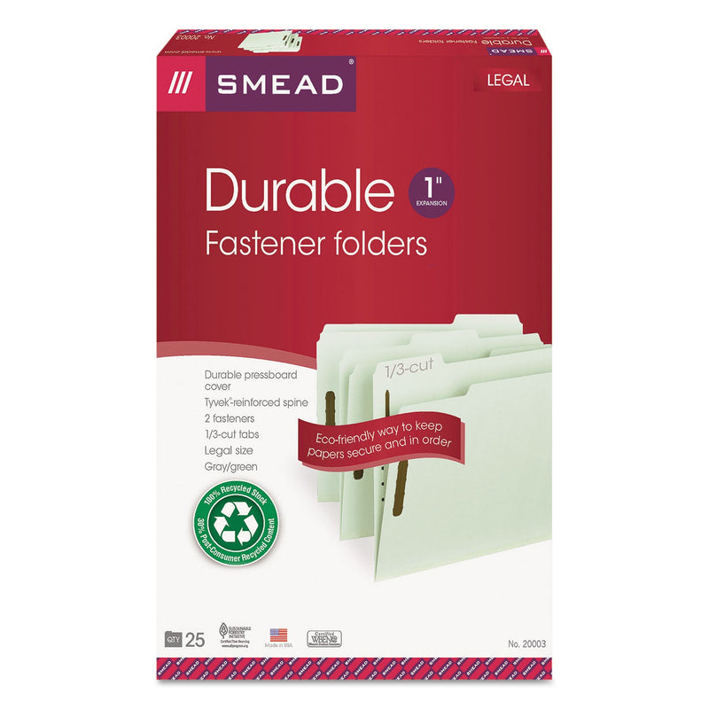 Smead 100% Recycled Pressboard Fastener Folders, Legal Size, 1" Expansion, Gray-Green, 25/Box