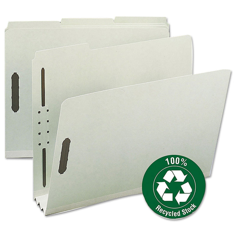 Smead 100% Recycled Pressboard Fastener Folders, Letter Size, 3" Expansion, Gray-Green, 25/Box