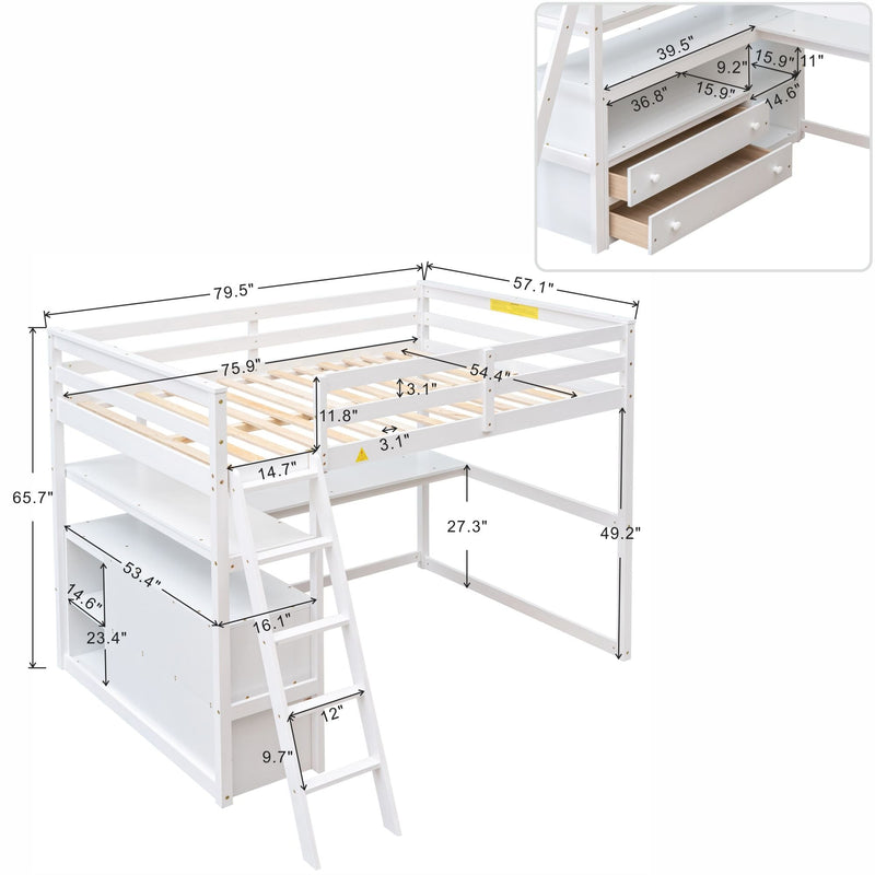 Modern Loft Bed With Built In Desk, Shelves, And 2 Drawers