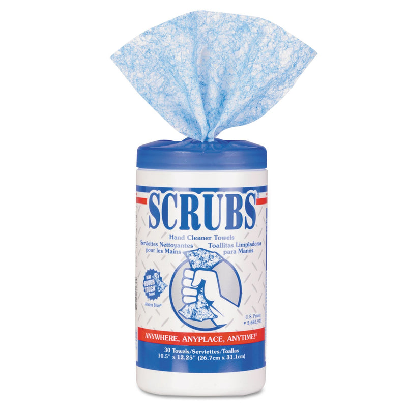 SCRUBS Hand Cleaner Towels, 10 x 12, Citrus, Blue/White, 30/Canister