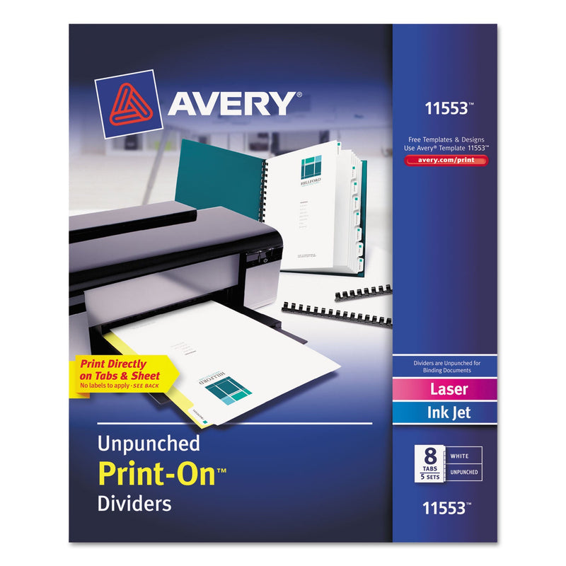 Avery Customizable Print-On Dividers, Unpunched, 8-Tab, 11 x 8.5, White, 5 Sets