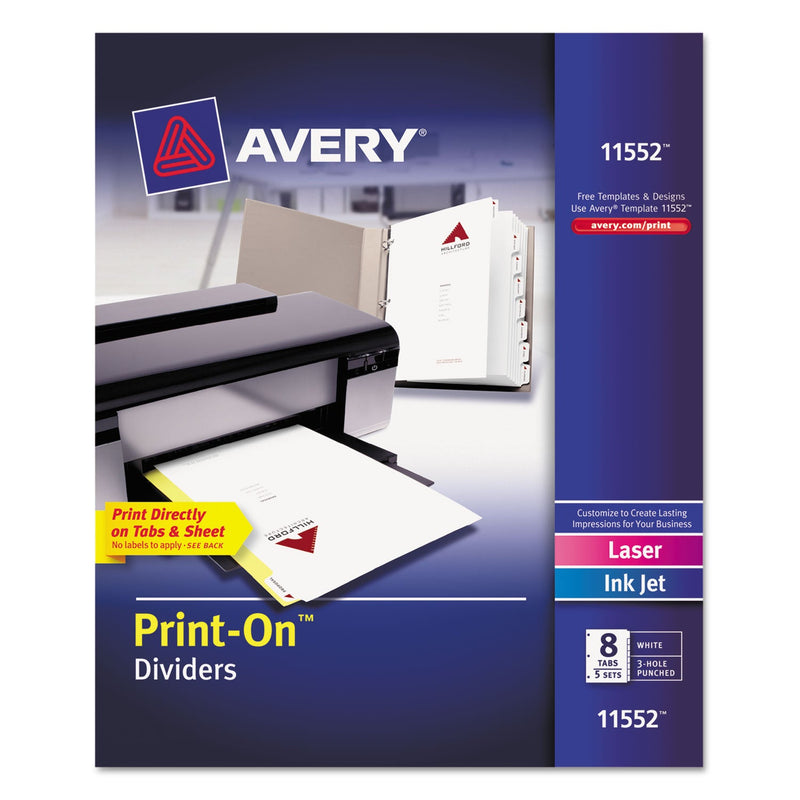 Avery Customizable Print-On Dividers, 3-Hole Punched, 8-Tab, 11 x 8.5, White, 5 Sets