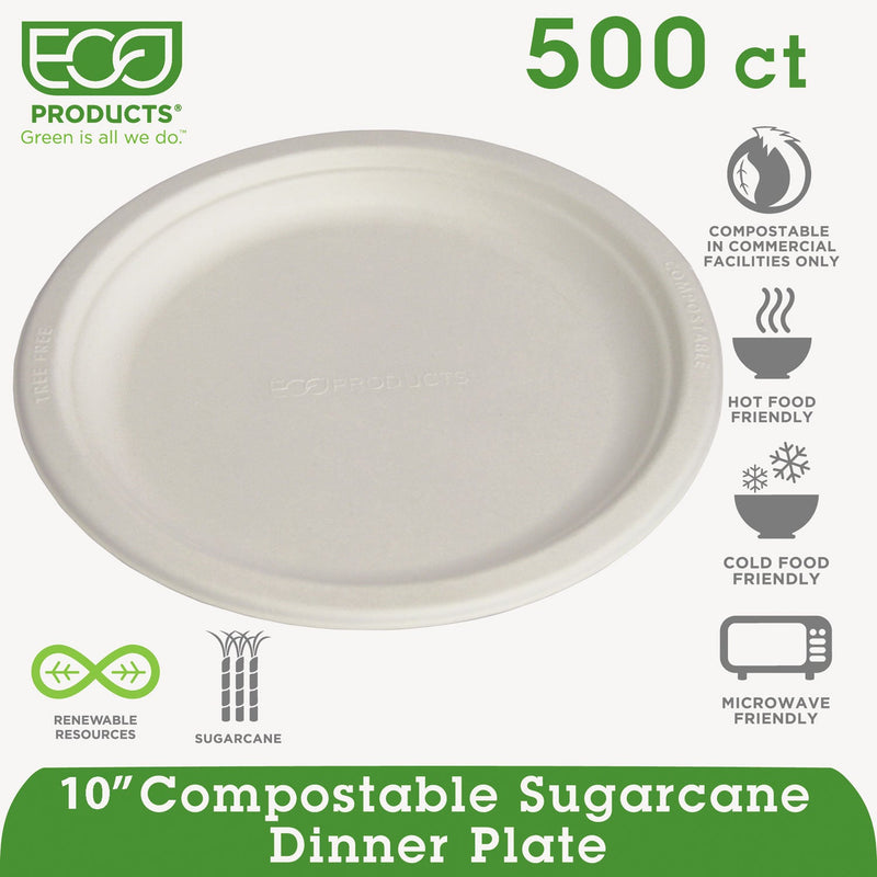 Eco-Products Renewable and Compostable Sugarcane Plates, 10" dia, Natural White, 500/Carton