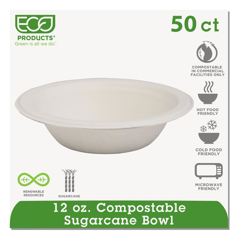 Eco-Products Renewable and Compostable Sugarcane Bowls, 12 oz, Natural White, 50/Packs