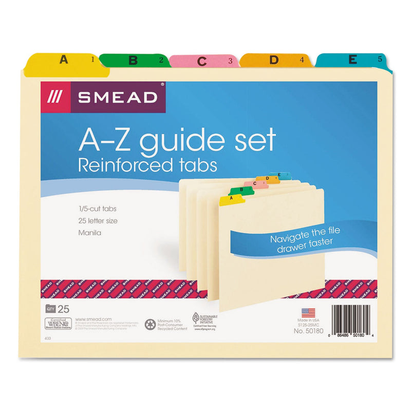 Smead Alphabetic Top Tab Indexed File Guide Set, 1/5-Cut Top Tab, A to Z, 8.5 x 11, Manila, 25/Set