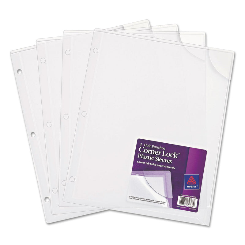 Avery Three-Hole Punched Corner Lock Plastic Sleeves, 9.5 x 11.75, Clear, 4/Pack