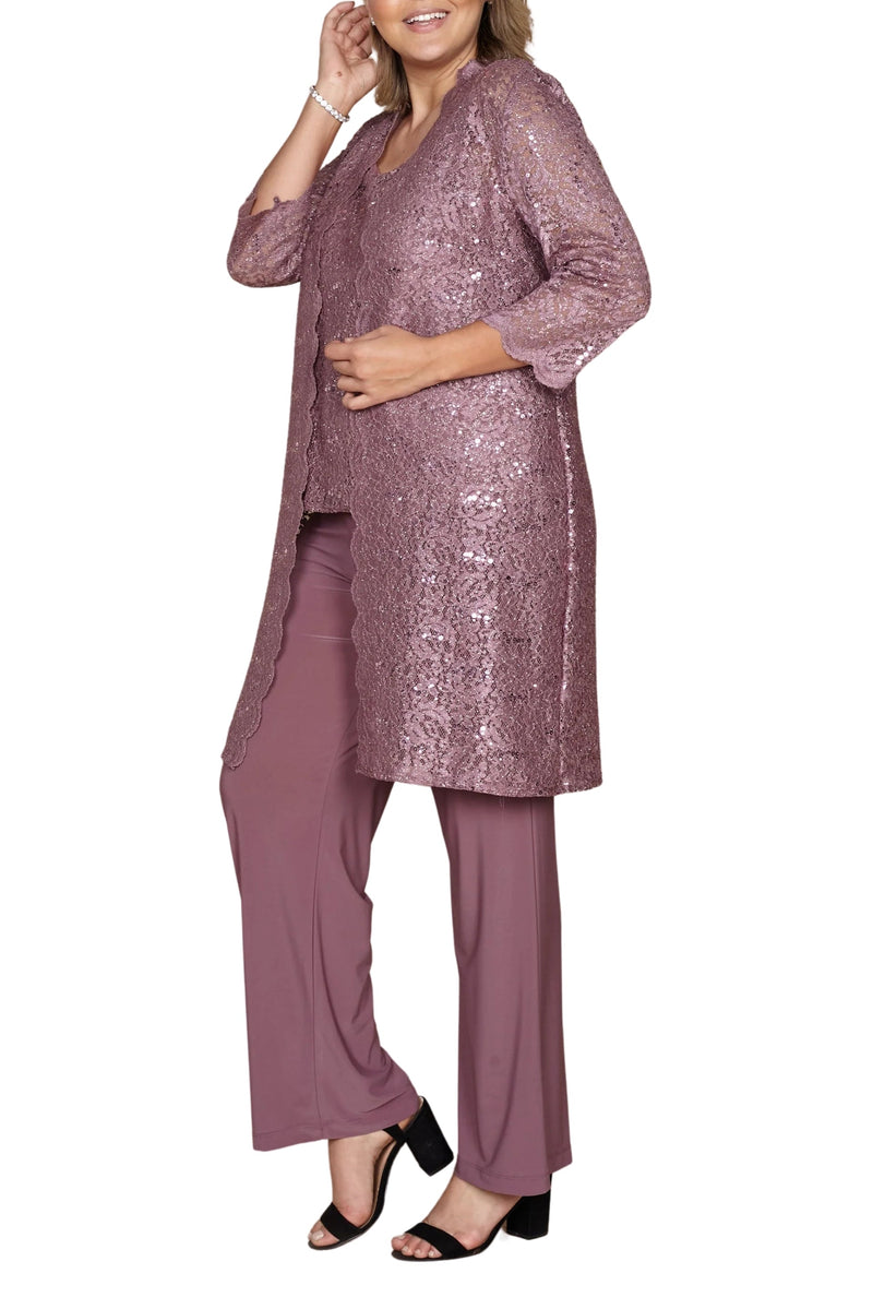 R&M Richards Metallic Lace Tank Top and Pant Set with Sheer Lace Jacket