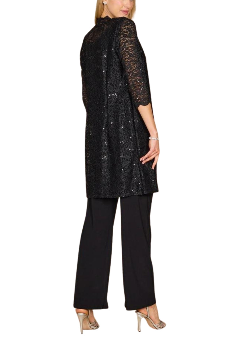 R&M Richards Metallic Lace Tank Top and Pant Set with Sheer Lace Jacket