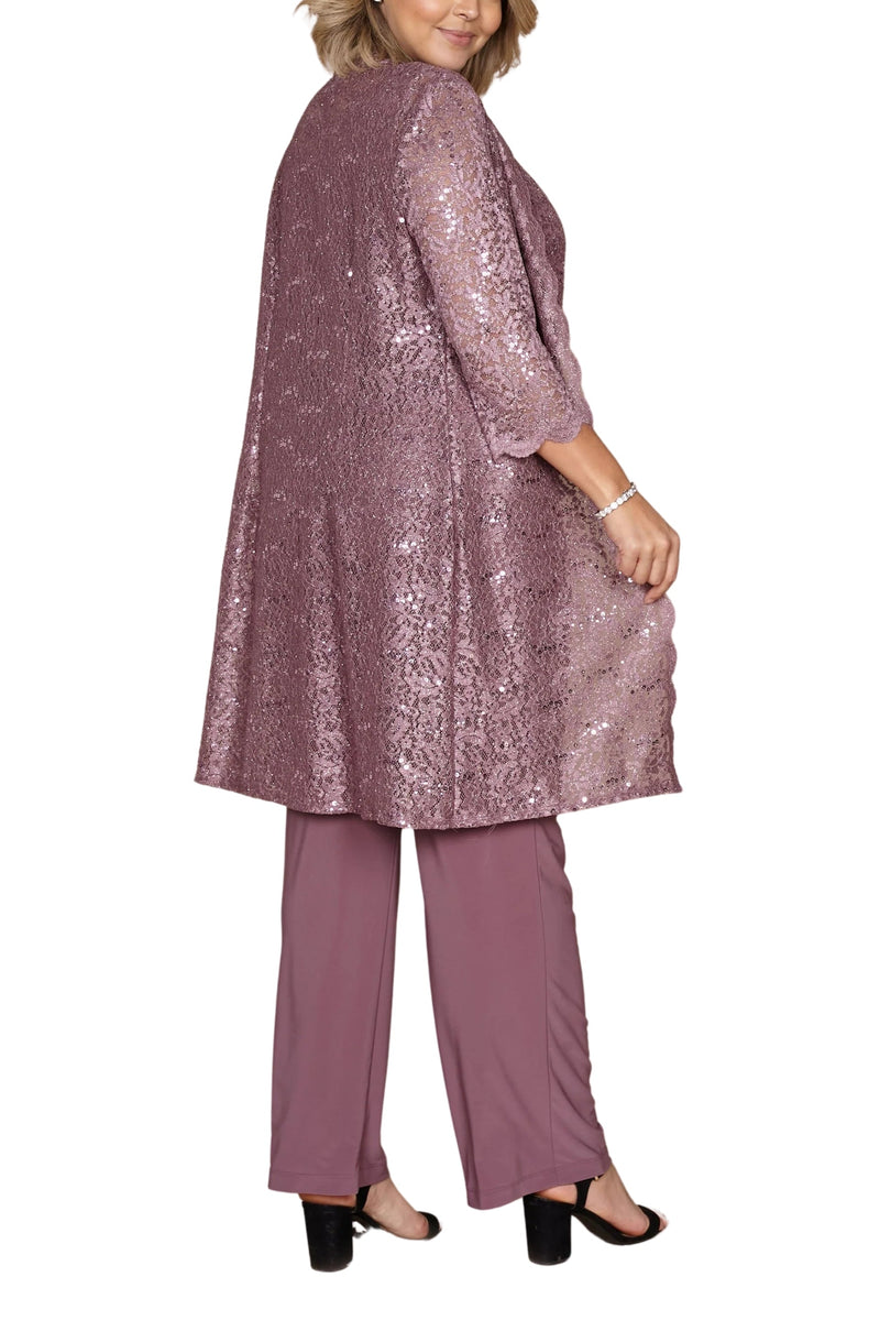 R&M Richards Metallic Lace Tank Top and Pant Set with Sheer Lace Jacket