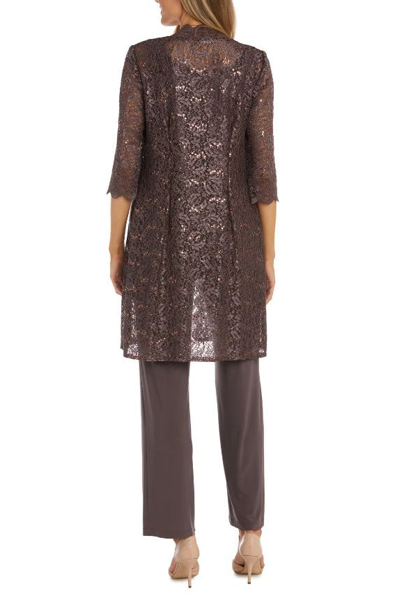 R&M Richards Metallic Lace Tank Top and Pant Set with Sheer Lace Jacket