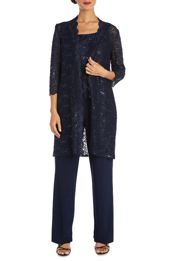 R&M Richards Metallic Lace Tank Top and Pant Set with Sheer Lace Jacket