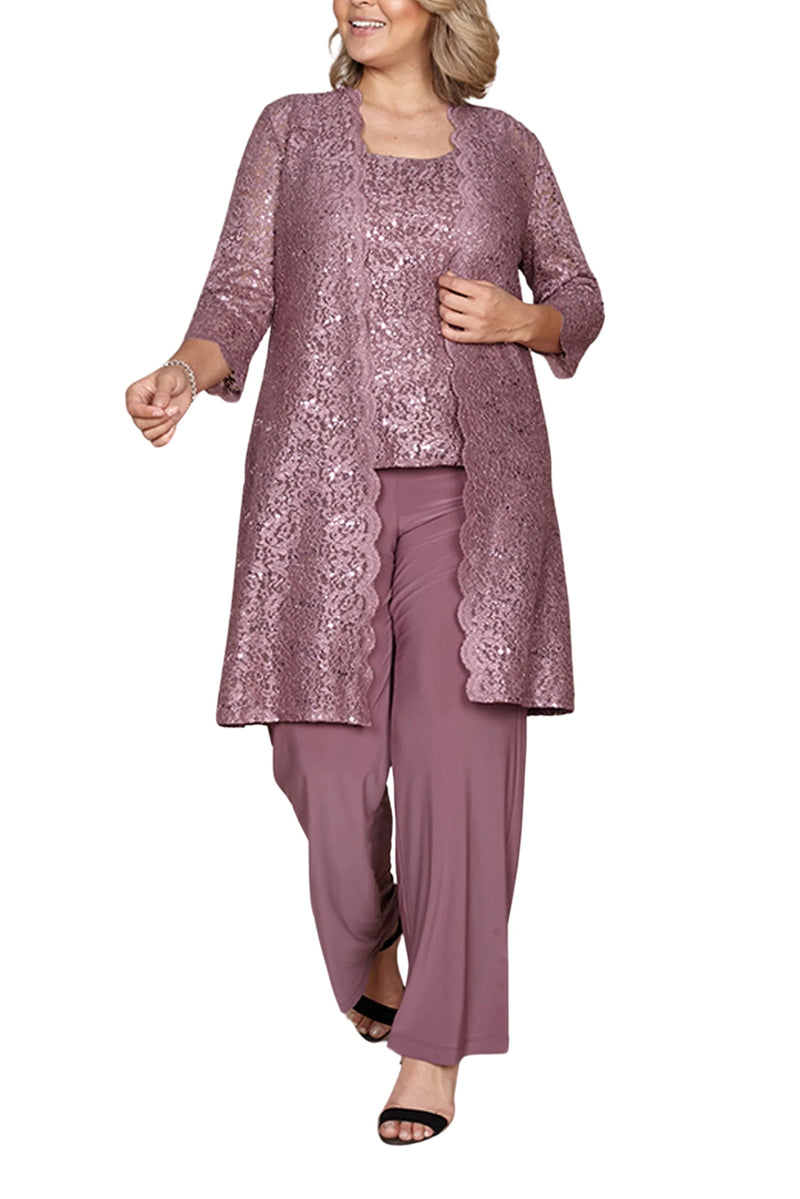 R&M Richards Metallic Lace Tank Top and Pant Set with Sheer Lace Jacket