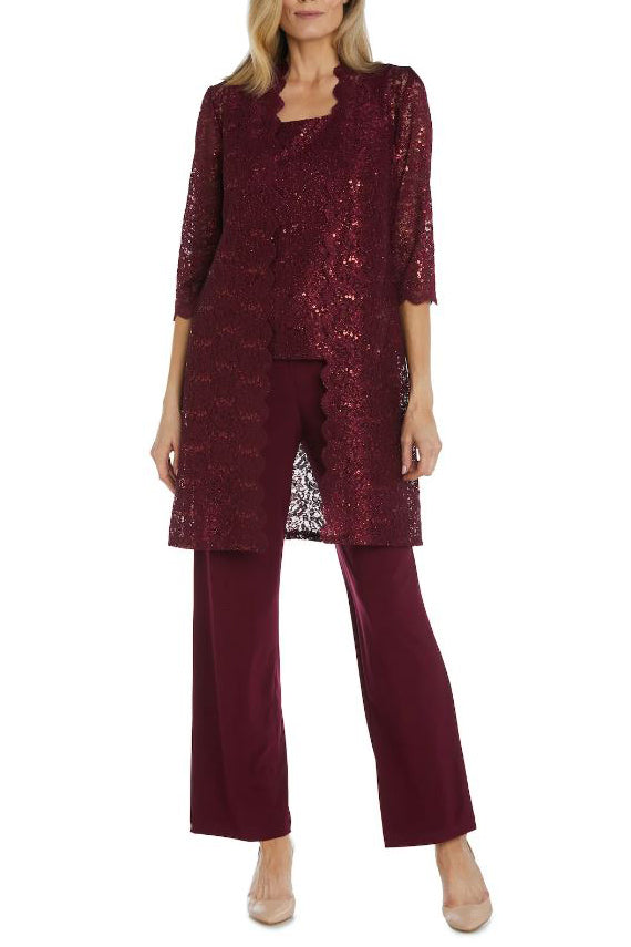 R&M Richards Metallic Lace Tank Top and Pant Set with Sheer Lace Jacket