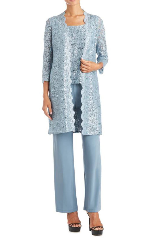 R&M Richards Metallic Lace Tank Top and Pant Set with Sheer Lace Jacket