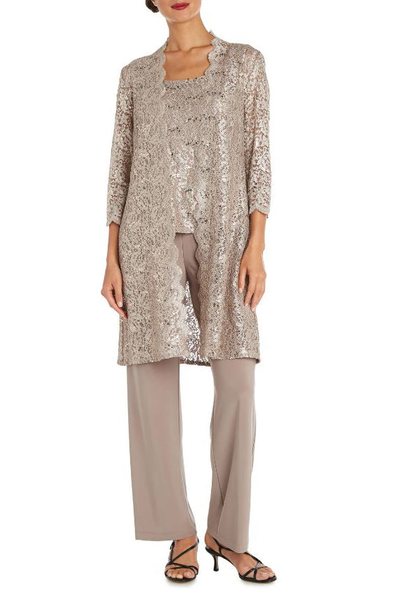 R&M Richards Metallic Lace Tank Top and Pant Set with Sheer Lace Jacket