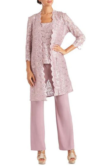 R&M Richards Metallic Lace Tank Top and Pant Set with Sheer Lace Jacket