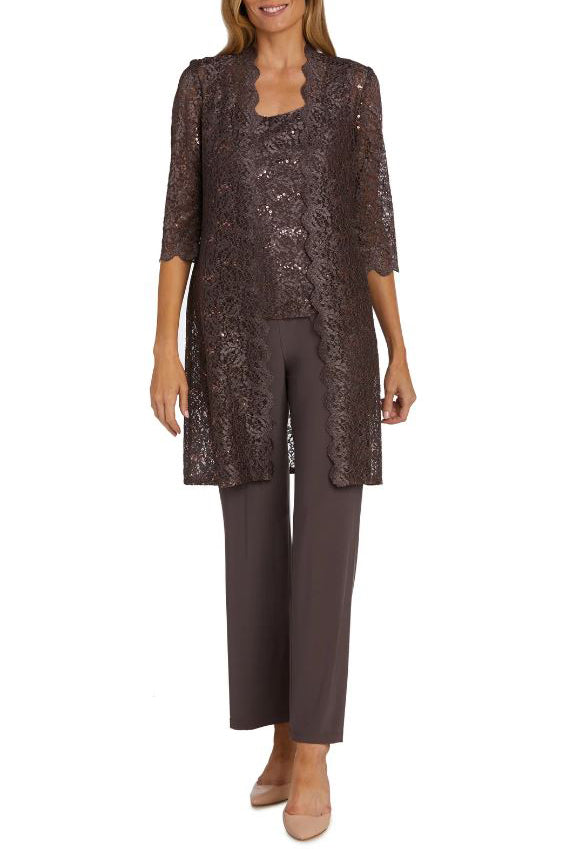 R&M Richards Metallic Lace Tank Top and Pant Set with Sheer Lace Jacket