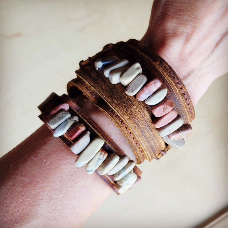 Genuine Leather Cuff with Aqua Terra Gemstone Chunks 005e