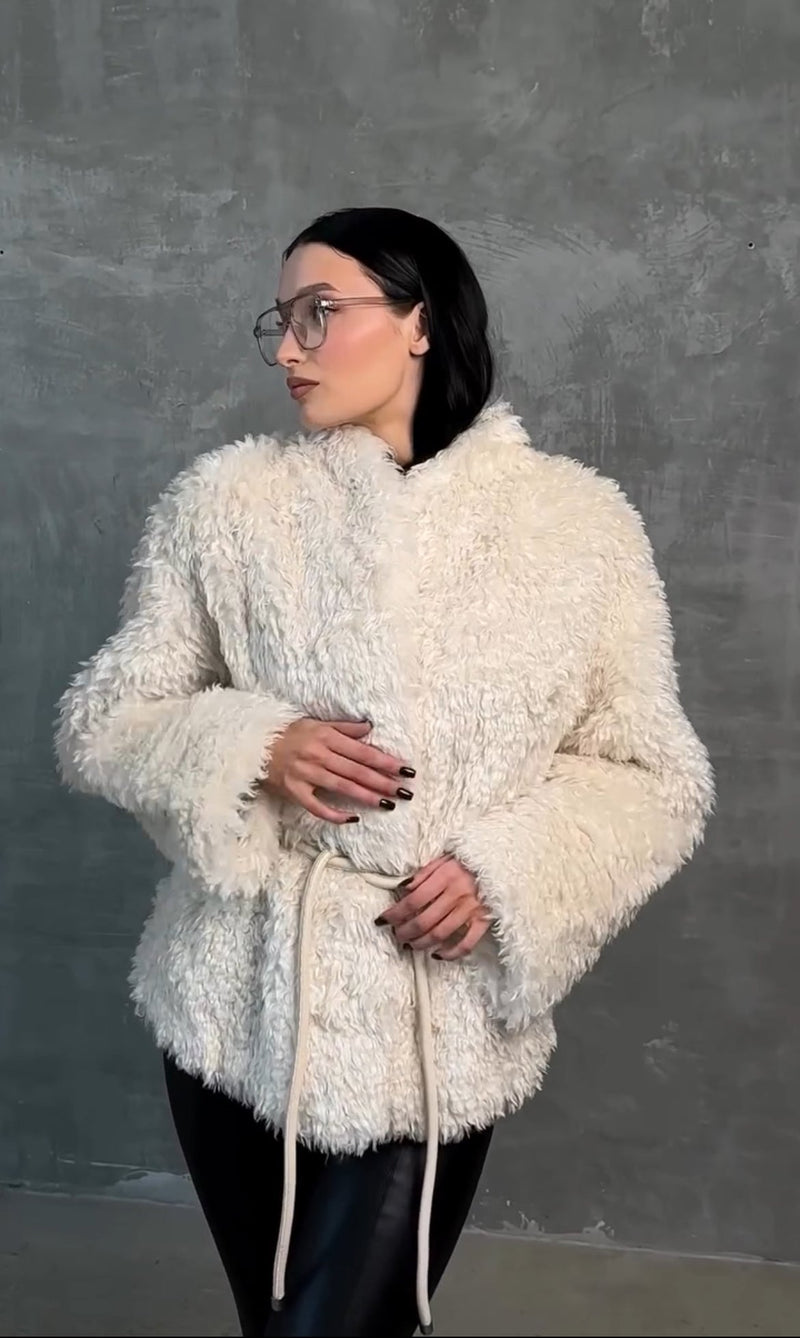 Faux Fur Coat with Leather Belt