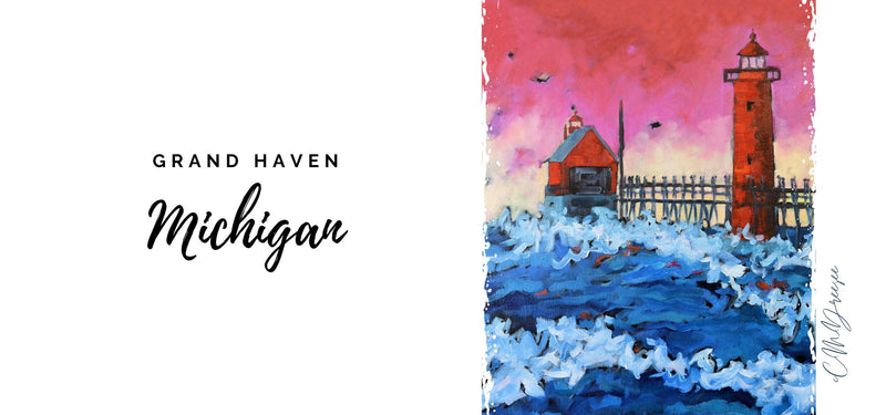 Drinkware -Pink Sky at Night Grand Haven Lighthouse Michigan.