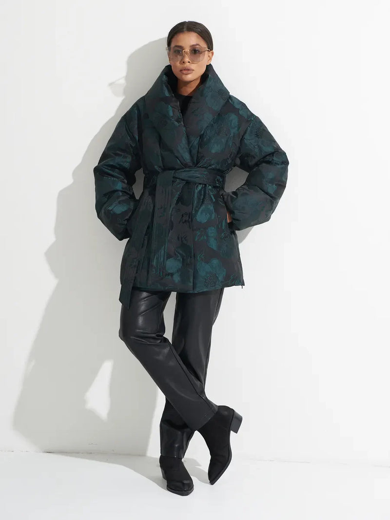 Monochrome Jacquard Down Coat in Vintage Emerald
