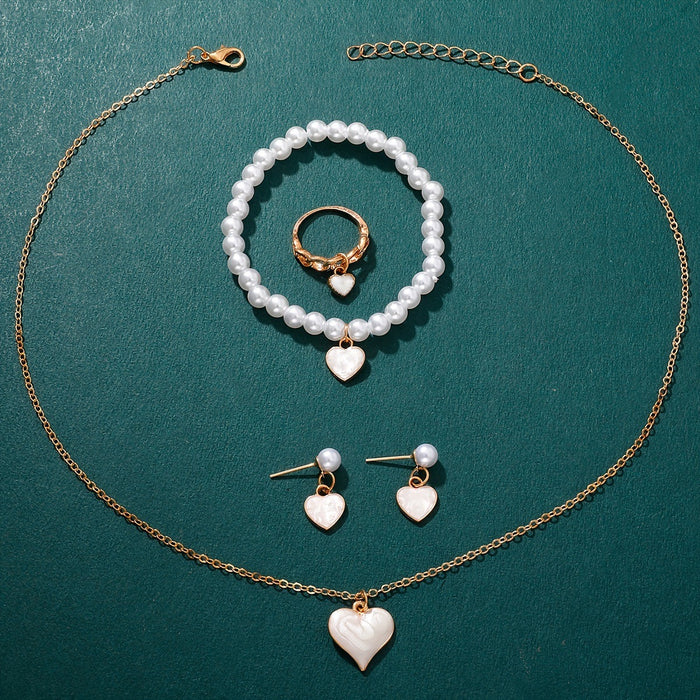 Girls Jewelry Cute All-match Oil Drop Heart Necklace Earrings Ring Bracelet Four-piece Set