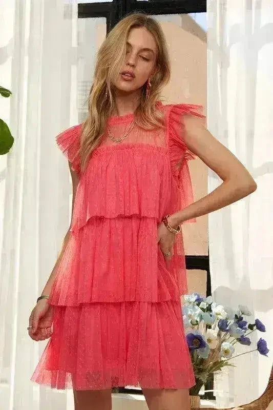 Layered Ruffle Mesh Dress | Cap Sleeve Semi-Sheer Gown -femstylo