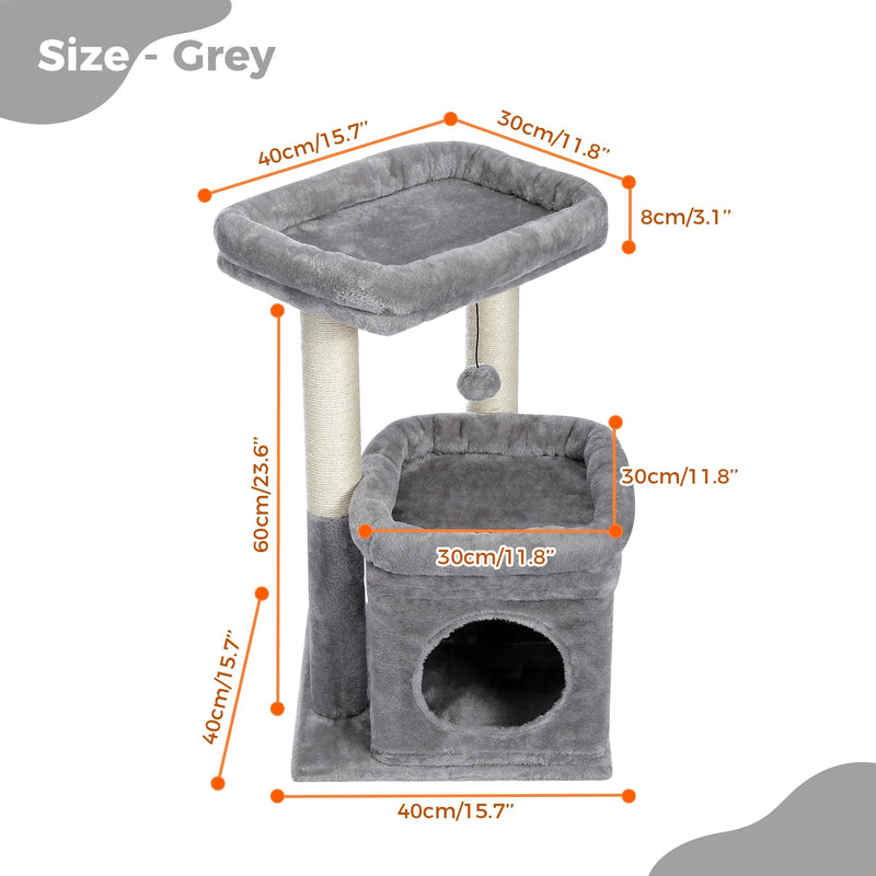 Cozy Gray Cat Tree Condo - 27" Multi-Level Tower with Spacious Perch and Scratching Posts for Kittens and Medium Cats
