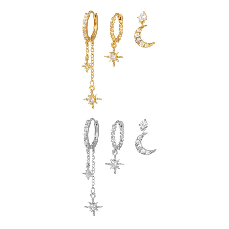 Stacking 3 Pieces Lunar Starlight Glow Earring Set, 18k Gold and White Gold Stud Drop Hoop, S925 Needle, Stacked Lobe Designs with Dazzling Zirconia