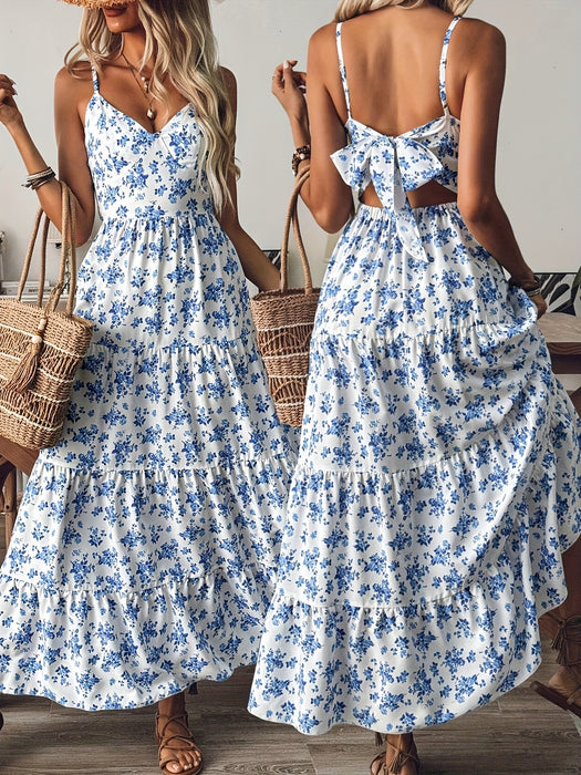 Women's Summer V-Neck Floral Print Strappy Dress - Sexy Backless Bowknot Flowy Maxi Party Dress