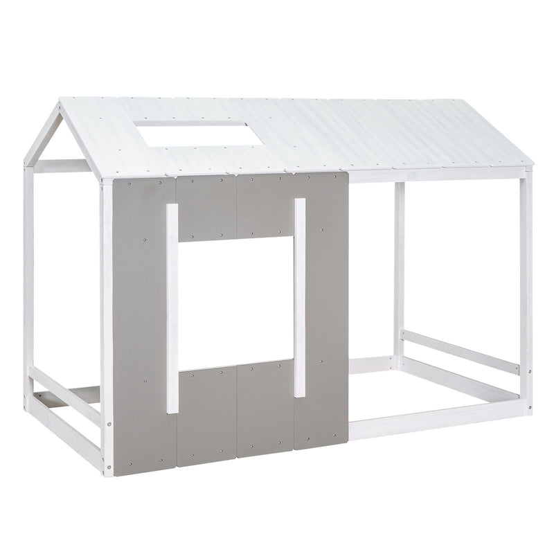 Twin Size House Platform Bed With Roof And Window - Natural / White